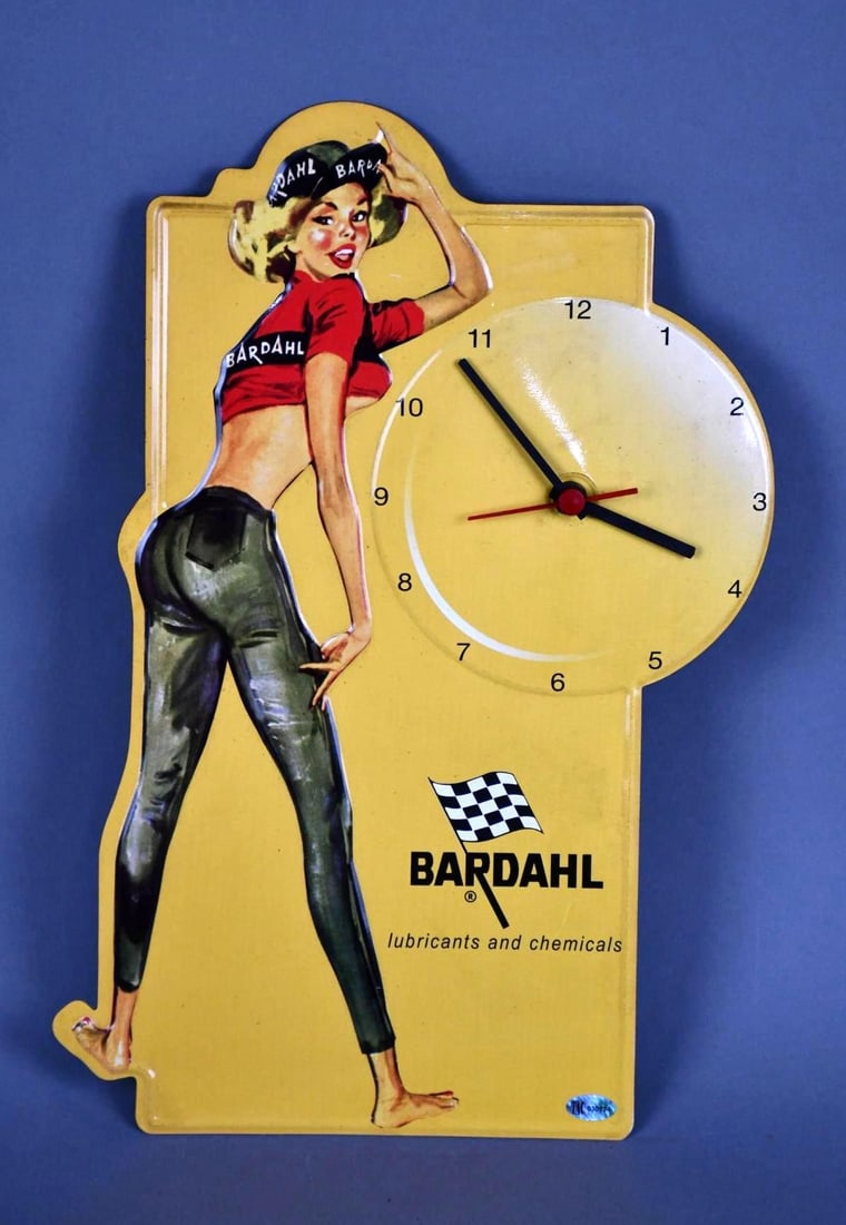 Bardahl w/ Pretty Girl Di-Cut Metal Sign w/ Clock (TAC): rate 8.75, 15.5" x 10", Single Sided Embossed Di-Cut Metal Sign w/ Clock, excellent color and shine, TAC #030724