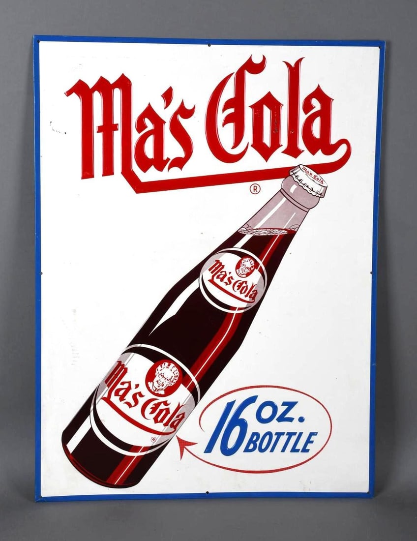 Ma's Cola w/Bottle Metal Sign (TAC): rated 8.5, 31.5"x23.5", the SST embossed sign has very good color and shine, has a few fine scratches in the upper field. TAC #046065