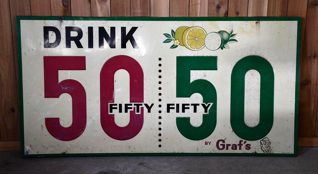 Drink 50-50 by Graf's Metal Sign (TAC): rated 7, 40.5"x80", the SST embossed wood-backed sign has wear, rust spots and soiling, marked A-M, dated 1961. TAC #046121