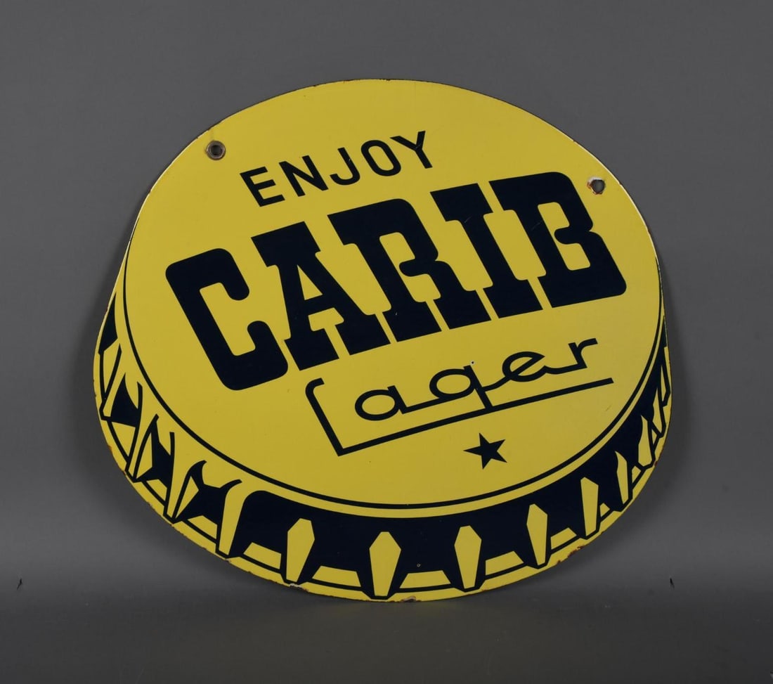 Enjoy Carib Lager Bottle Cap Porcelain Sign (TAC): rated 9, 20.5"x22.5", the DSP diecut sign has excellent color and gloss. TAC #046012
