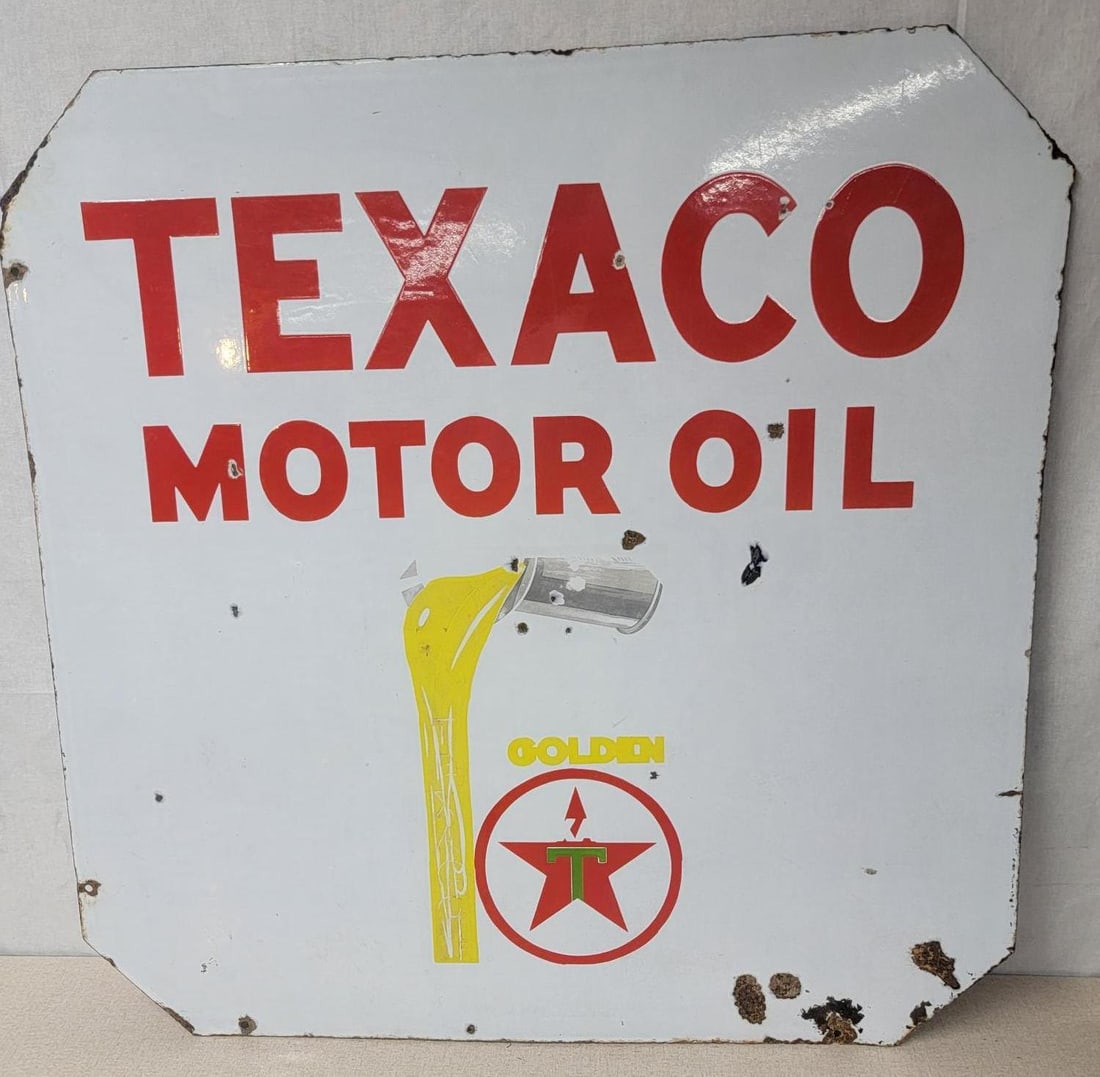 Texaco Motor Oil Uncompleted Porcelain Sign: rated 7.5, 30"x30", the DSP sign has good color and gloss, has chips and wear, the sign was not completed.