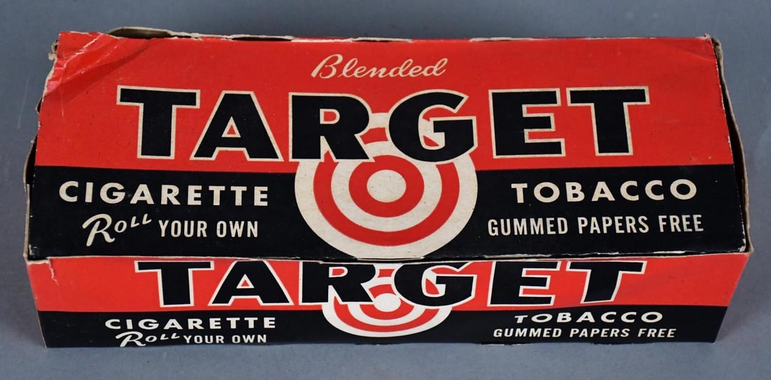 Carton of Target Cigarette Tobacco "Roll Your Own": rated 8, 11"x4.5"x3.5", the outside carton has wear and crease, all packs inside are unopened.