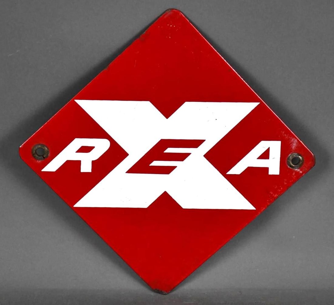 REA Railway Express Agency Porcelain Sign (small): rated 8.9, 11"x11", the SSP sign has good color and gloss, small chip at bottom point. TAC #045280