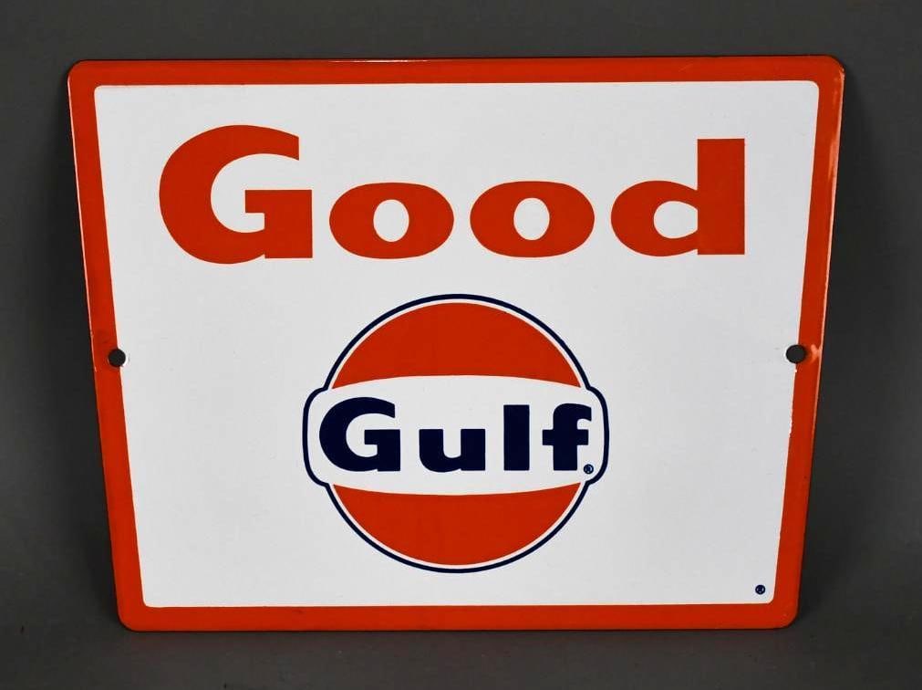 Good Gulf Porcelain Pump Sign (TAC): rate 9.5, 8.5" x 11.5", Single Sided Porcelain, has superb color and gloss, great shape, TAC #043436