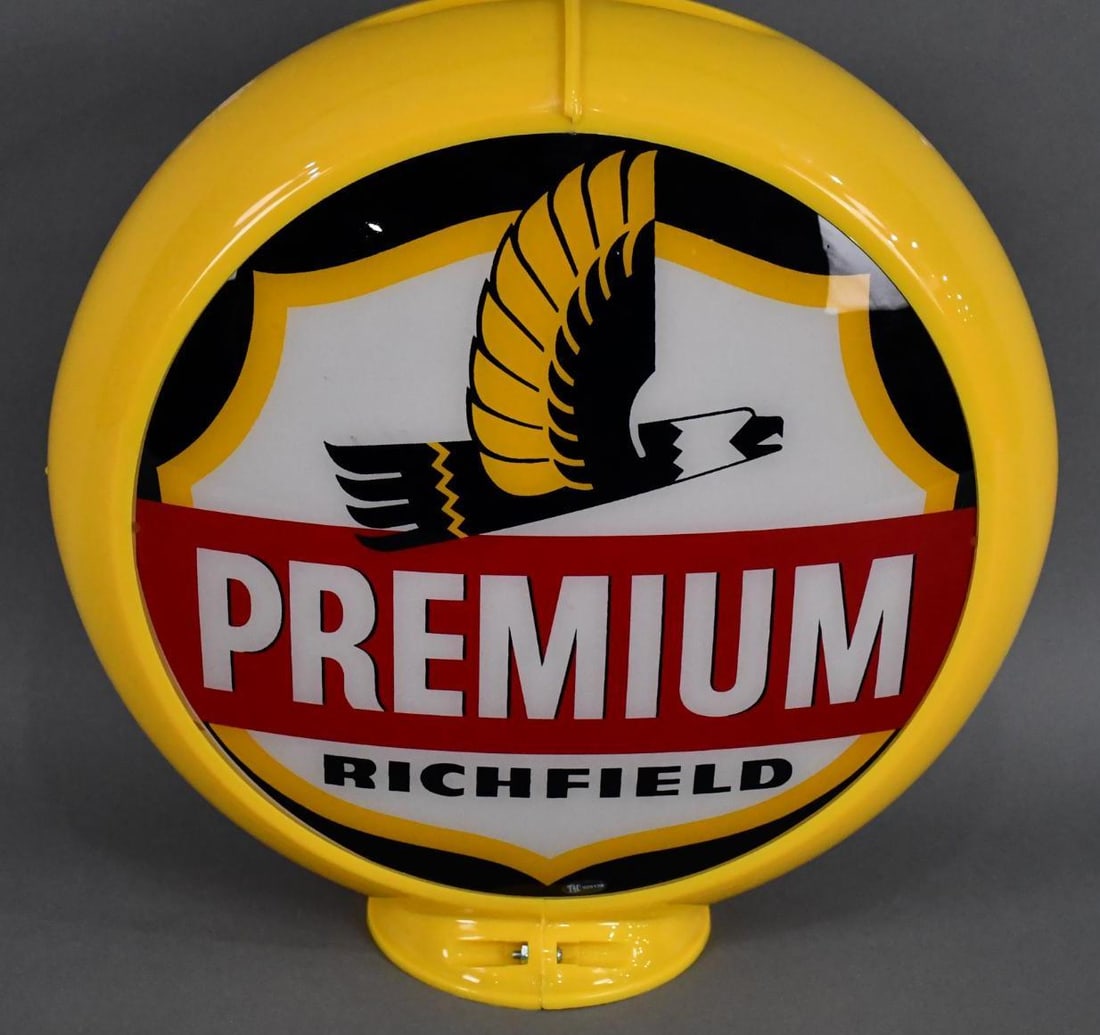 Richfield Premium w/Art Deco Eagle 13.5" Globe Lenses (TAC): rated 9+, 13.5"D., both lenses are in excellent condition, mounted in a new Capco globe body. TAC #025129