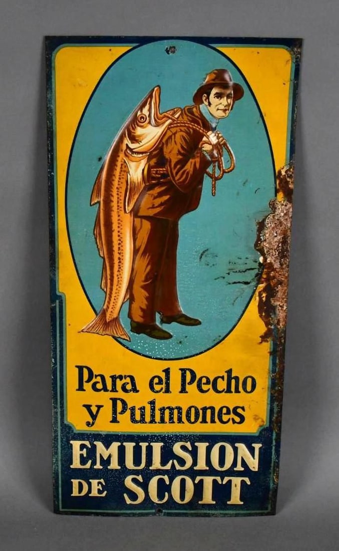 Emulsion De Scott w/Man Carrying a Fish Metal Sign (TAC) (1 of 4)