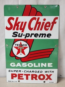 Texaco (white-T) Sky Chief w/Petrox (medium) Porcelain Pump Sign (TAC)