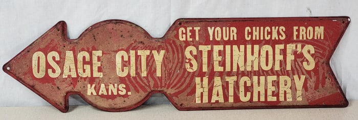 Steinhoff's Hatchery Osage City Kans. Metal Arrow Sign (TAC)