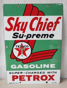 Texaco (white-T) Sky Chief w/Petrox (medium) Porcelain Pump Sign (TAC)