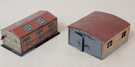 2-Small Tin Litho Automobile Garages