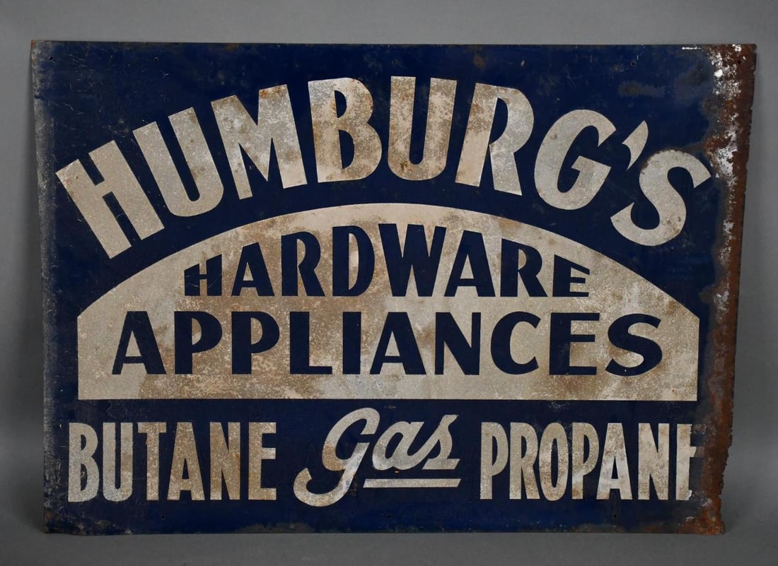 Humburg's Hardware Appliances Butane Gas Propane Metal Sign (TAC): rated 7, 20"x27.5", the SST sign with reflective lettering has soiling and rust. TAC #043254