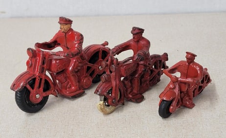3-Different Size Hubley Cast Iron Motorcycles