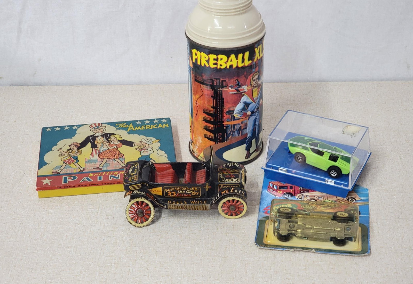 Lot of 5-Misc. Toys Rare Fireball XL5 Thermos: thermos has no top, slot car, Hot Wheel and more.