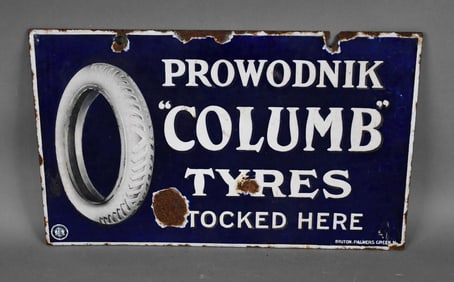Prowodnik "Columb" Tyres Stock Here Porcelain Sign (TAC)