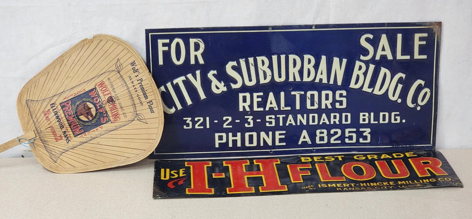 Wolf Milling Hand Fan, I-H Flour Metal Sign & More: all different condition, 9"x20" or less in size.