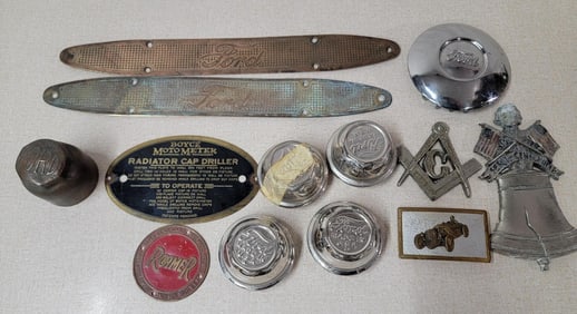 Box Lot of Masonic & Sesqui-Centennial Radiator Badges & Parts
