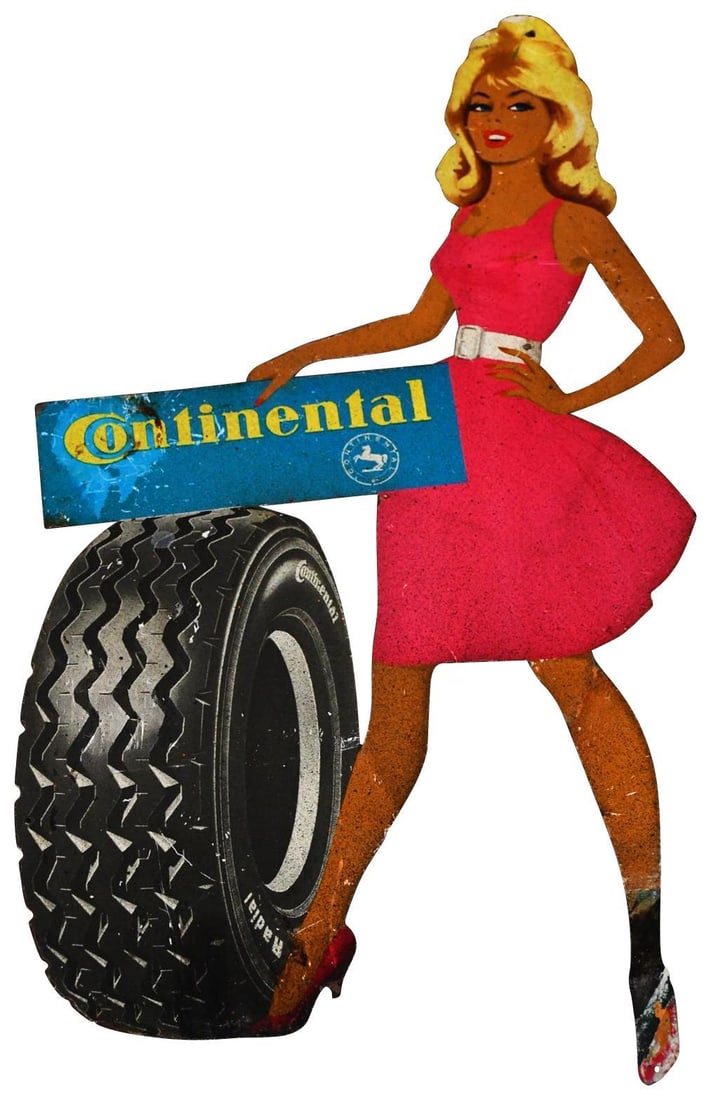 Continental (tires) Pinup Metal Sign (TAC): rated 7, 17"x10.5", the SST diecut sign has has wear, fine scratches, paint over spray, has creases in the leg. TAC #04275