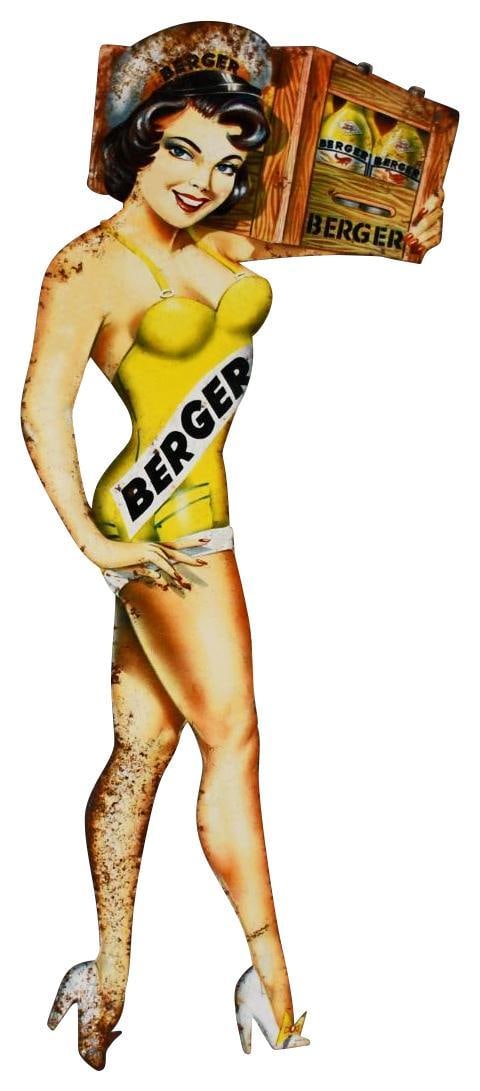 Berger 45 Pinup Girl Metal Sign (TAC): rated 6.5, 18"x6", the SST diecut sign has rust spots. TAC #043188