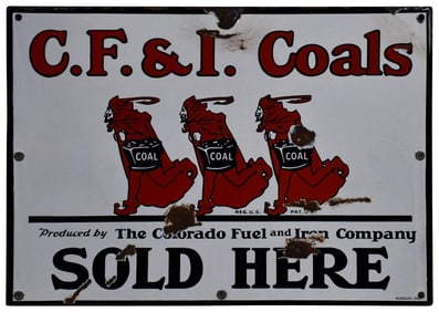 C.F.&I. Coal Sold Here w/3-Devil Logo Porcelain Sign (TAC)