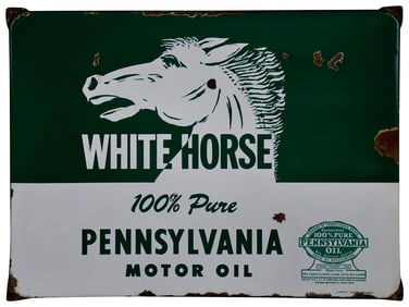 White Horse 100% Pure Pennsylvania Motor Oil w/Logo Porcelain Sign (TAC)