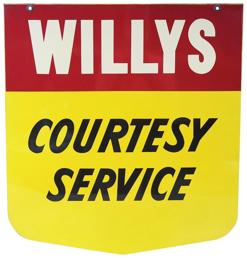 Willys Courtesy Service Metal Sign (TAC): rated 9 & 8.9, 27"x25", the DST diecut sign has excellent color and shine, display has a few fine scratches, reverse has tiny paint chips.. TAC #031699
