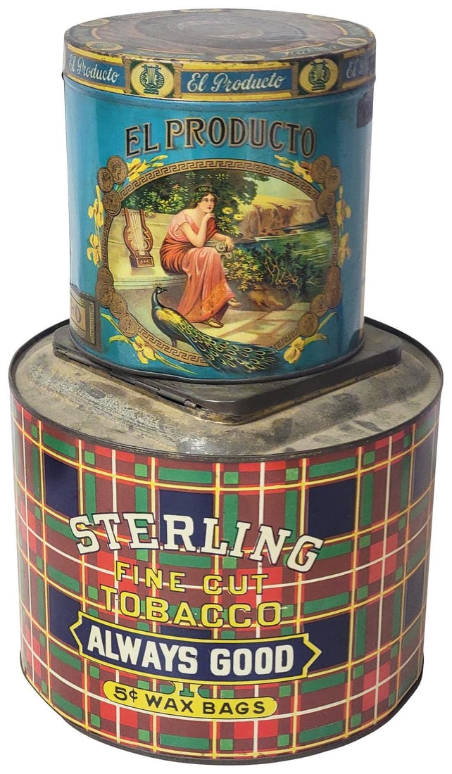 El Procucto & Sterling Tobacco Metal Tins: rated 8.75, 7"T or less in size, both have very good color and shine, both have light wear.