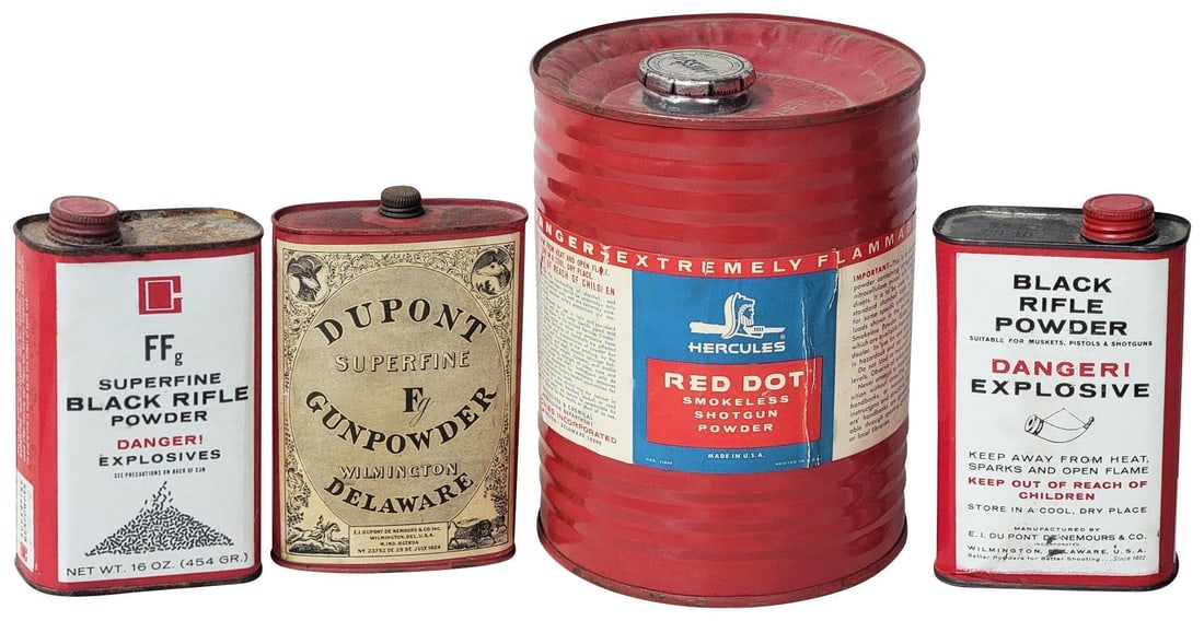 4-Gun Power Metal Tins All Empty: rated 8, 8"T. or less in size, all have light wear.