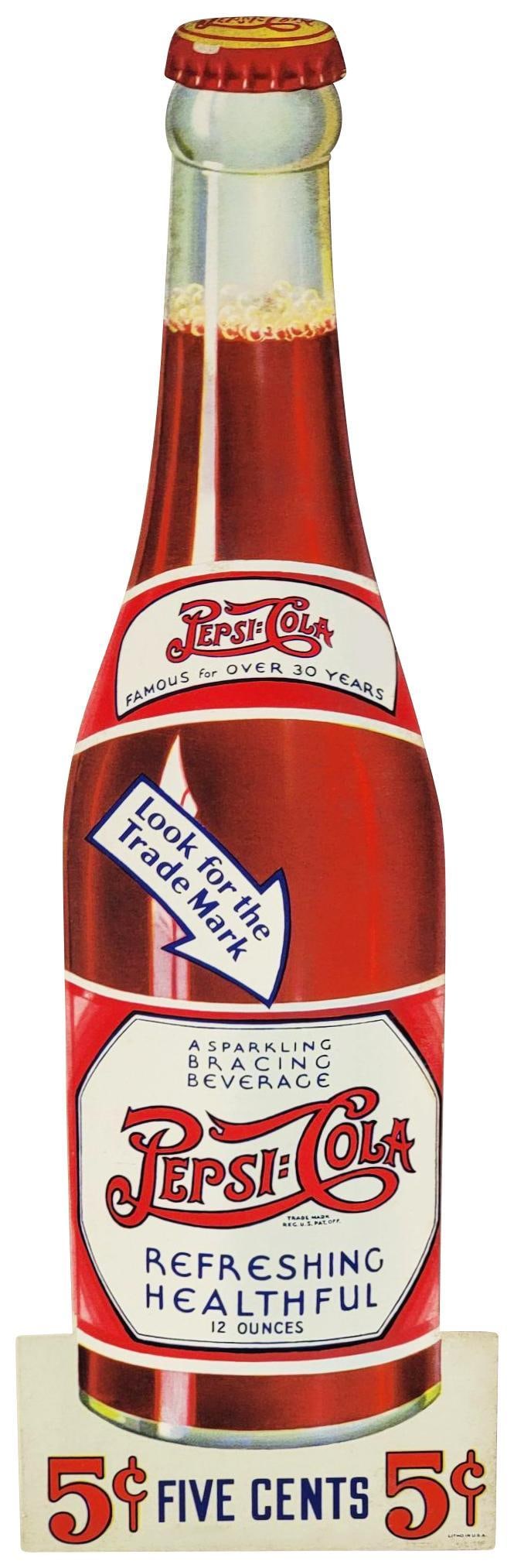 Pepsi:Cola "Look for the Trade Mark" Cardboard Bottle Sign: rated 9+, 16"x5", the single-sided diecut easel-back sign has excellent color and shine, nice, marked Litho in U.S.A.