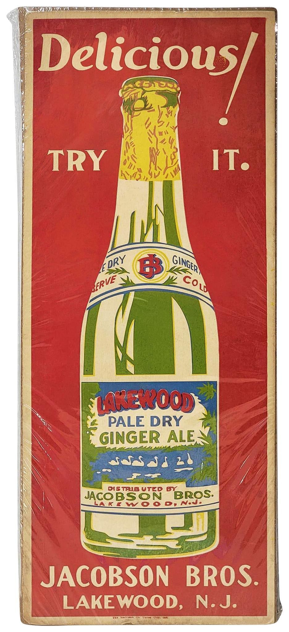 Lakewood Pale Dry Ginger Ale w/Bottle Paper Sign: rated 8.25, 24"x9", the single-sided paper sign is in good condition, has been shrink wrapped.