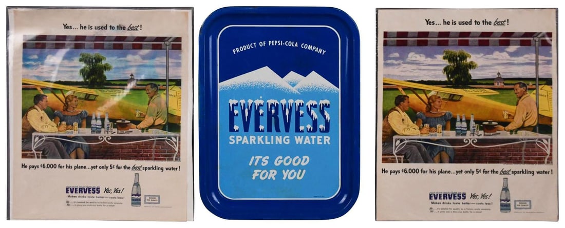 Evervess Sparkling Water Metal Tray & More: rated 8, 14"x10", the metal tray has some staining, comes with ads.