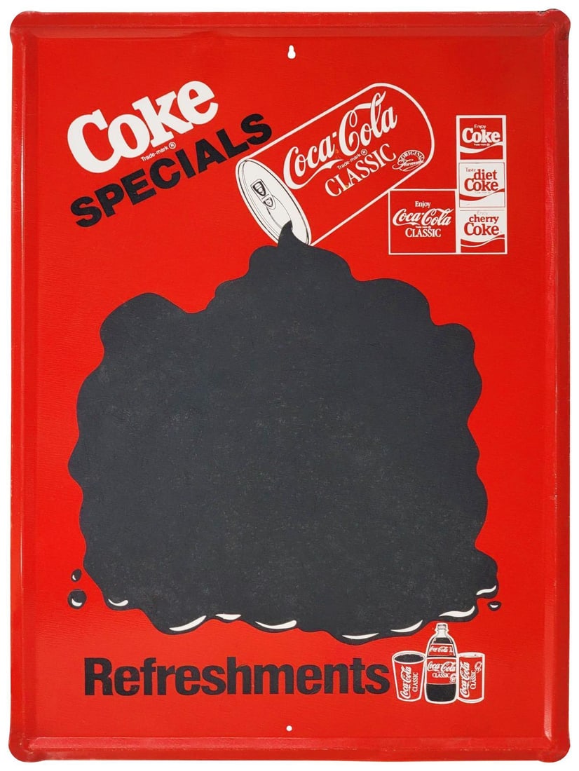 Coke Special Coca-Cola Classic Metal Menu Sign (TAC): rated 8.5, 28"x19.75", the SST self-framed sign has good color and shine, has fine scratches in the field. TAC #042666