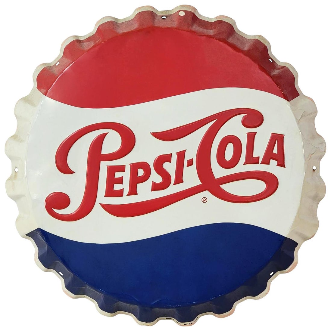 Pepsi-Cola Bottle Cap Metal Sign (TAC): rated 8.25, 19.25"D., the SST embossed bottle cap sign has good color and shine, has light wear and a few fine scratches, has paint drips around the perimeter, dated 1965. TAC #042674
