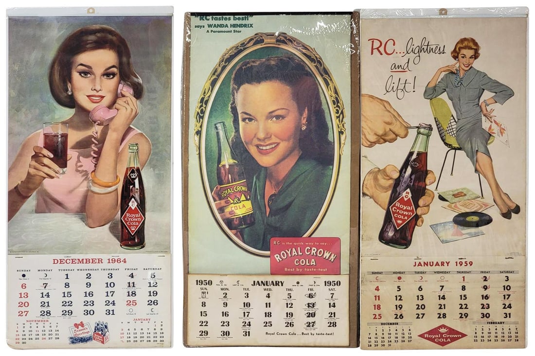 3-Royal Crown Cola Paper Calendars: rated 7 to 8, 24"x12.5", the paper calendars all have good color, 1950 & 1959 both have light soiling, all are shrink wrapped.