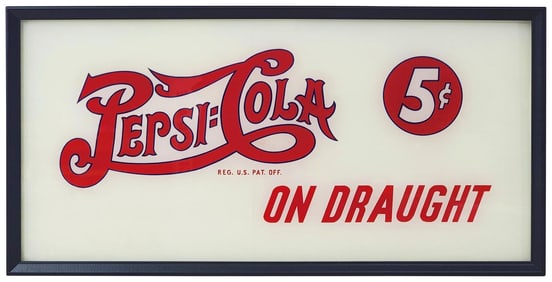 Pepsi:Cola On Draught 5¢ Reverse Painted Glass Sign