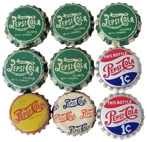 9-Pepsi-Cola Bottle Caps Green, Yellow & More