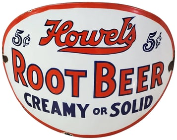 Howel's Root Beer "Creamy & Solid" 5¢ Curved Porcelain Sign (TAC)