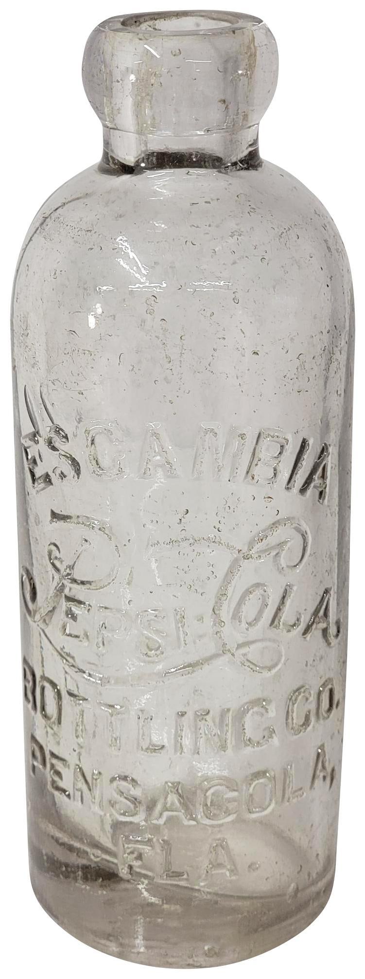 Pepsi:Cola Bottle Clear #PEN1 Pensacola, Fla.: has Pespi:Cola in script in the center of the body with block lettering top and bottom, marked ECo on bottom.