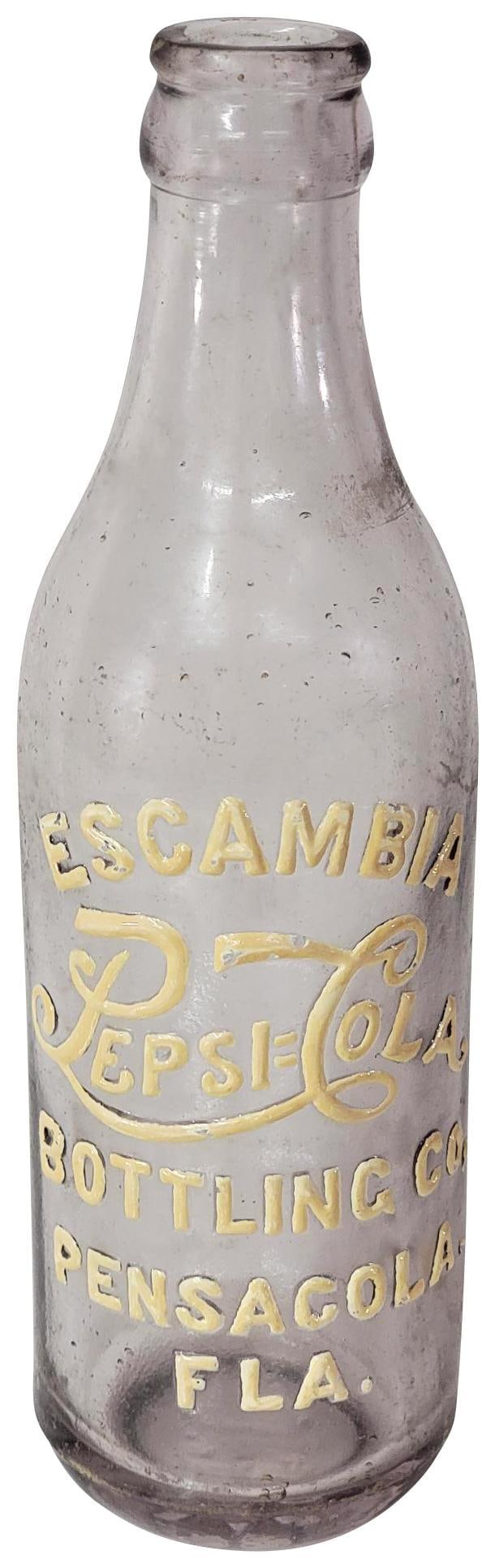 Pepsi:Cola Escambia Bottle #PEN 3-V2 Clear, Pensacola, Fla.: has Pepsi:Cola in script in center of the body, marked ECo on bottle, some wear.