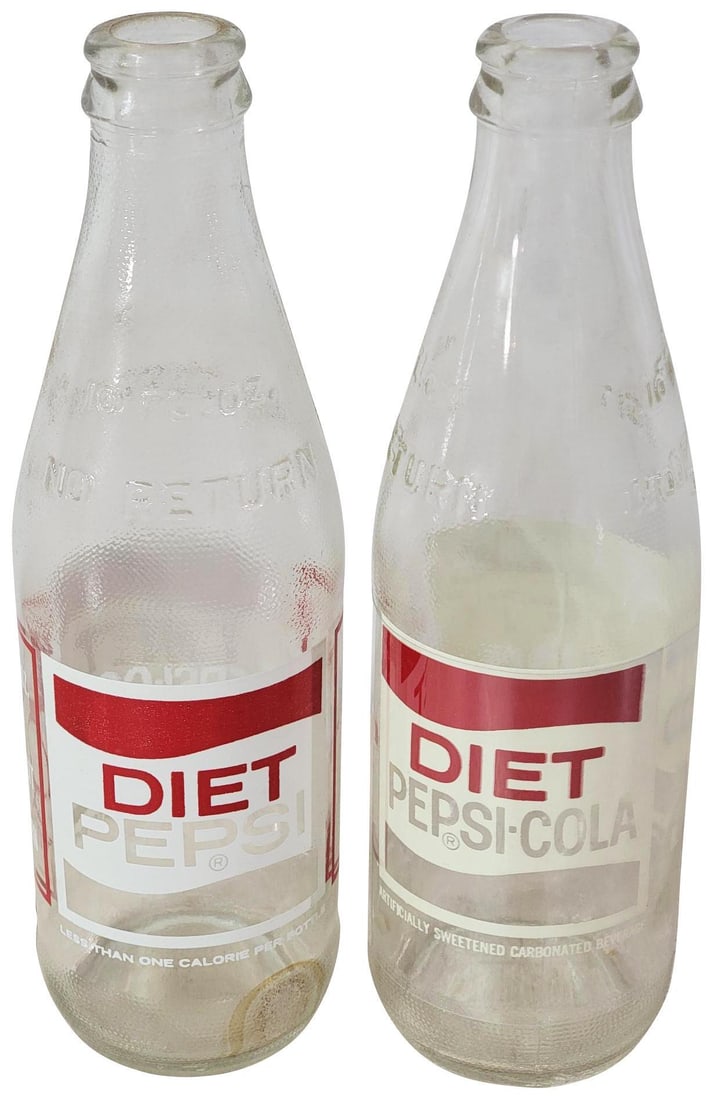 2-Early Diet Pepsi "No Return" 10oz. Clear Bottles: first is in excellent condition, 2nd has minor decal damage on back side.