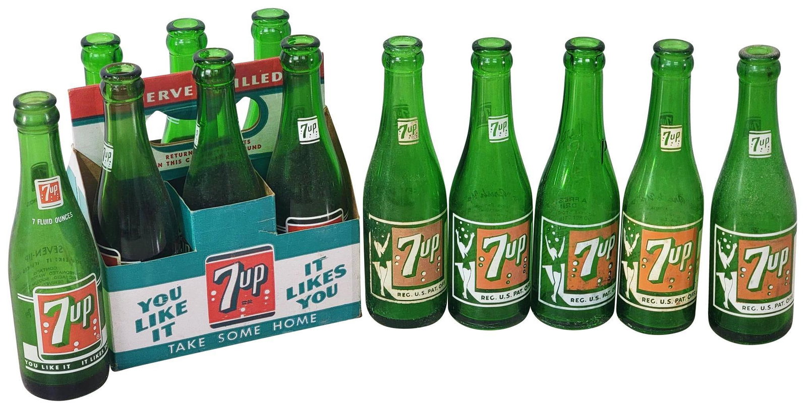 5-7up w/Lady & 7 Plain Bottles 7oz.: bottles with lady some have staining, others are all good.