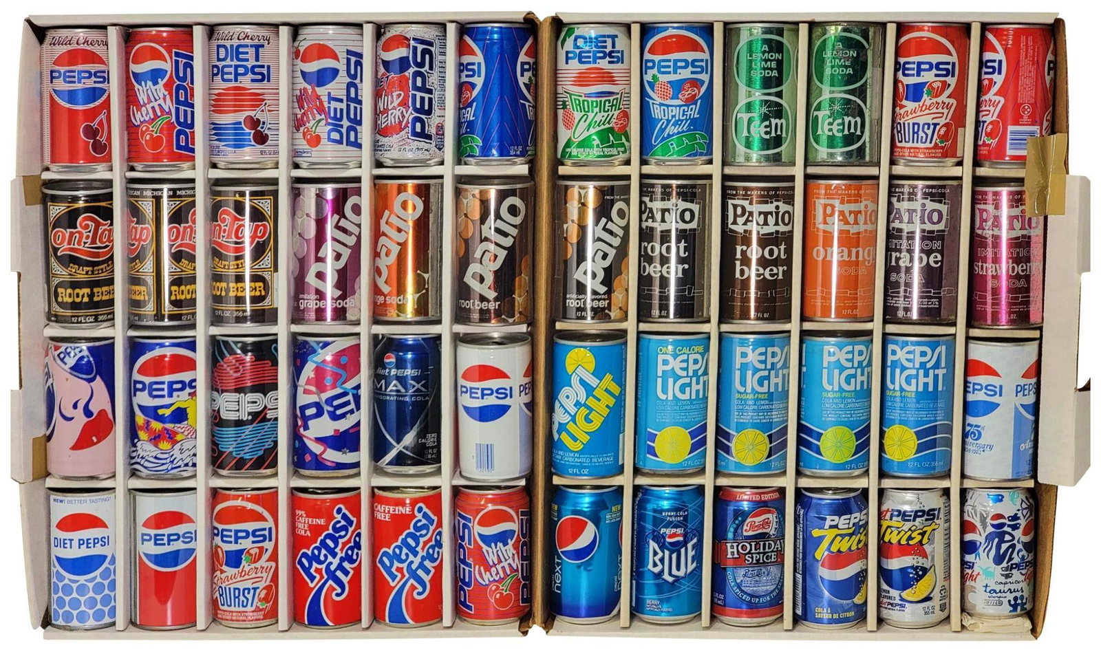48-12oz Soda Cans All Empty: Pepsi, Pepsi Light, Pepsi Twist, 9-Patios, Teem, Pepsi Strawberry Burst, Pepsi Wild Cherry and more.