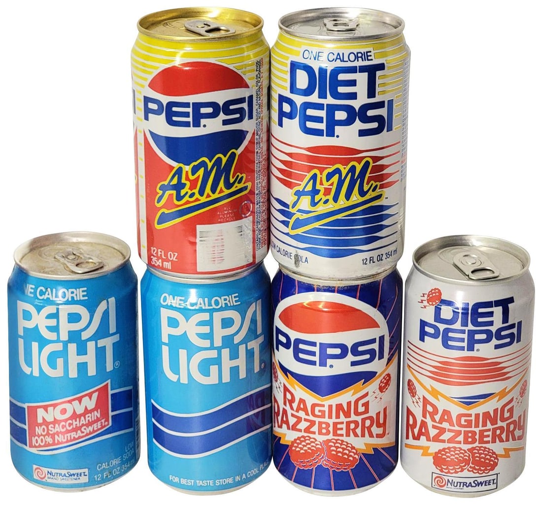 Pepsi Raging Razzberry Regular/Diet, 2-Pepsi Light & Pepsi AM & Diet: all in good condition, minor wear on bottom of a few, all are empty.
