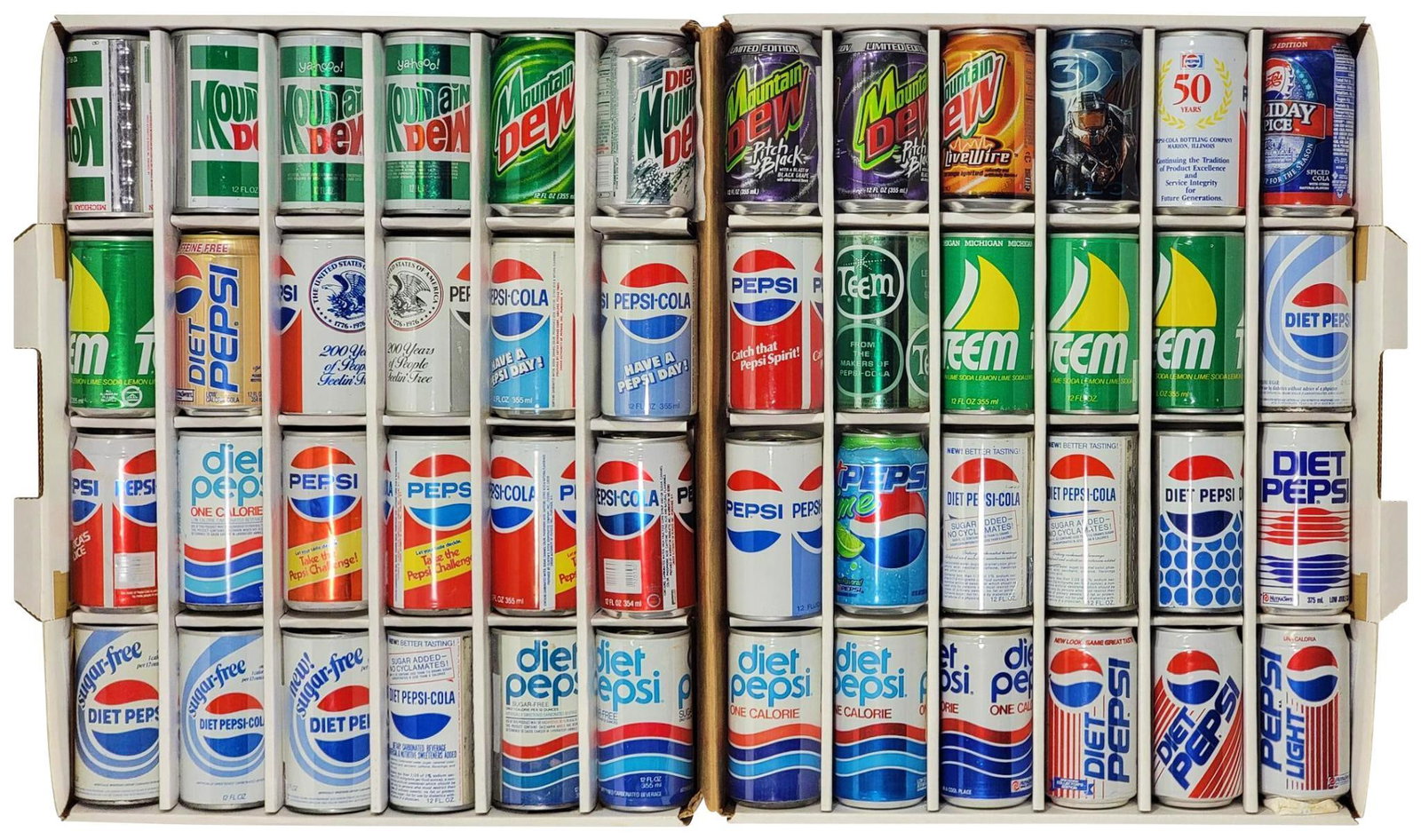 48-12oz Soda Cans All Empty: Several different Mountain Dews; Teem, Pepsi; Diet Pepsi