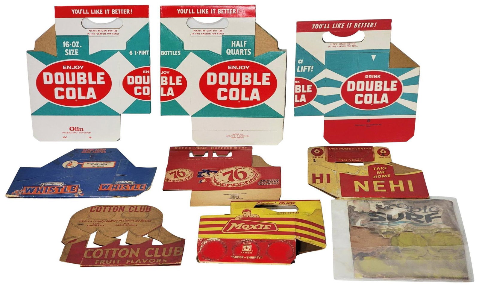9-Different Soda Cardboard Six-Pack Carriers: rated 6 to 9, all different condition, the Tropic Surf is very poor condition and is for cans.