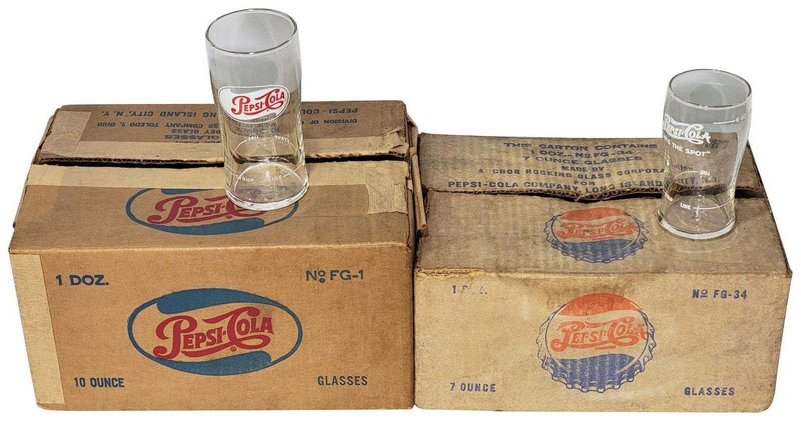 Pepsi-Cola 10oz & 7oz Glasses w/Syrup Line Cases: all in good condition, all 24 glass are in excellent condition, 10oz box is nice, 7oz box has wear and staining.