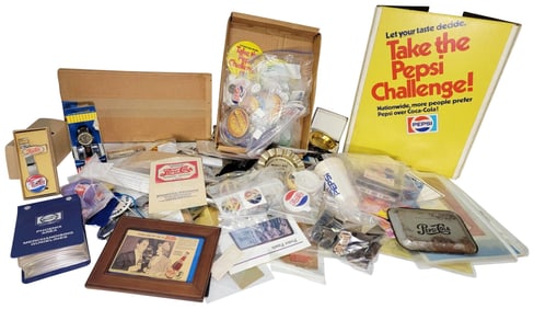 Large Box Lot of Pepsi Paper, Watches, Pin Backs & The Pepsi Challenge Wall