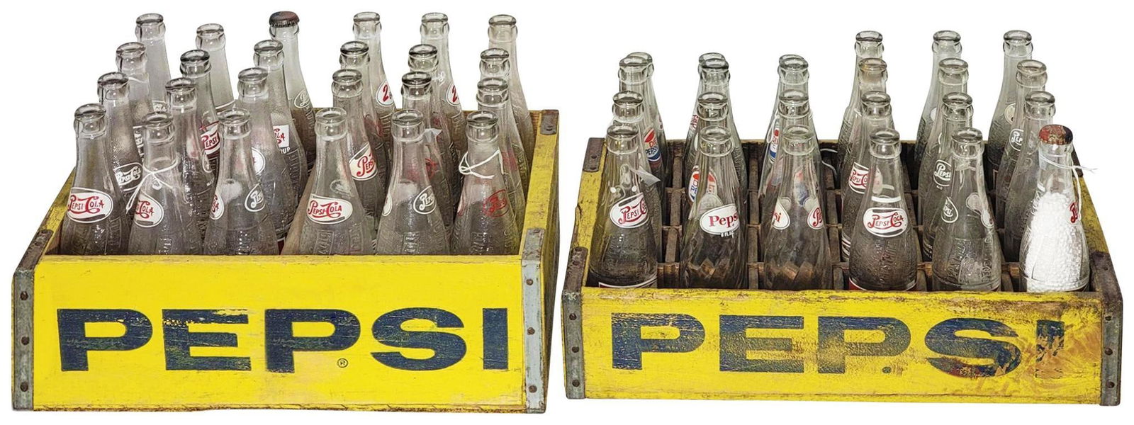 48-Pepsi-Cola Bottles in wood crates: 24-12oz bottles, other crated has 21-8oz & 3-6oz,