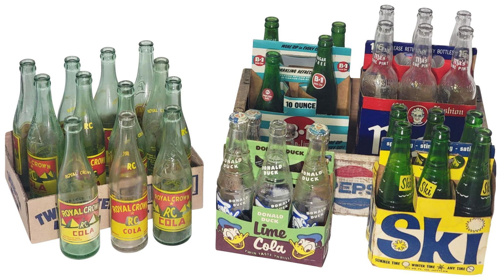 36-Bottles Royal Crown, Ski, B-1, Donald Duck, Ma's: 12-Royal Crown Cola 12oz different style different condition, 6-Ski 8.75 bottles in carrier, Donald Duck 12oz, 1-7oz, 4-B1, 6-12oz Ma's.