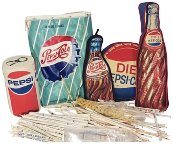 Pepsi-Cola Vinyl Bag, 4-Stuffed Toys & Large Straw Collection