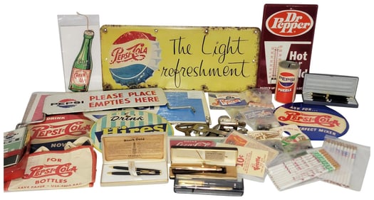 Box Lot of Soda Advertising Items Pepsi, Cheer Up, Dr. Pepper and more